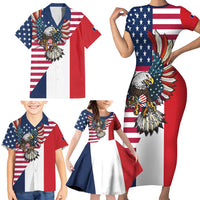 French American Heritage Month Family Matching Short Sleeve Bodycon Dress and Hawaiian Shirt Flag Style with USA Eagle and Eiffel Tower