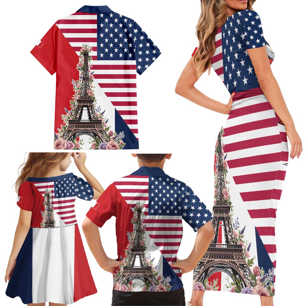 French American Heritage Month Family Matching Short Sleeve Bodycon Dress and Hawaiian Shirt Flag Style with USA Eagle and Eiffel Tower