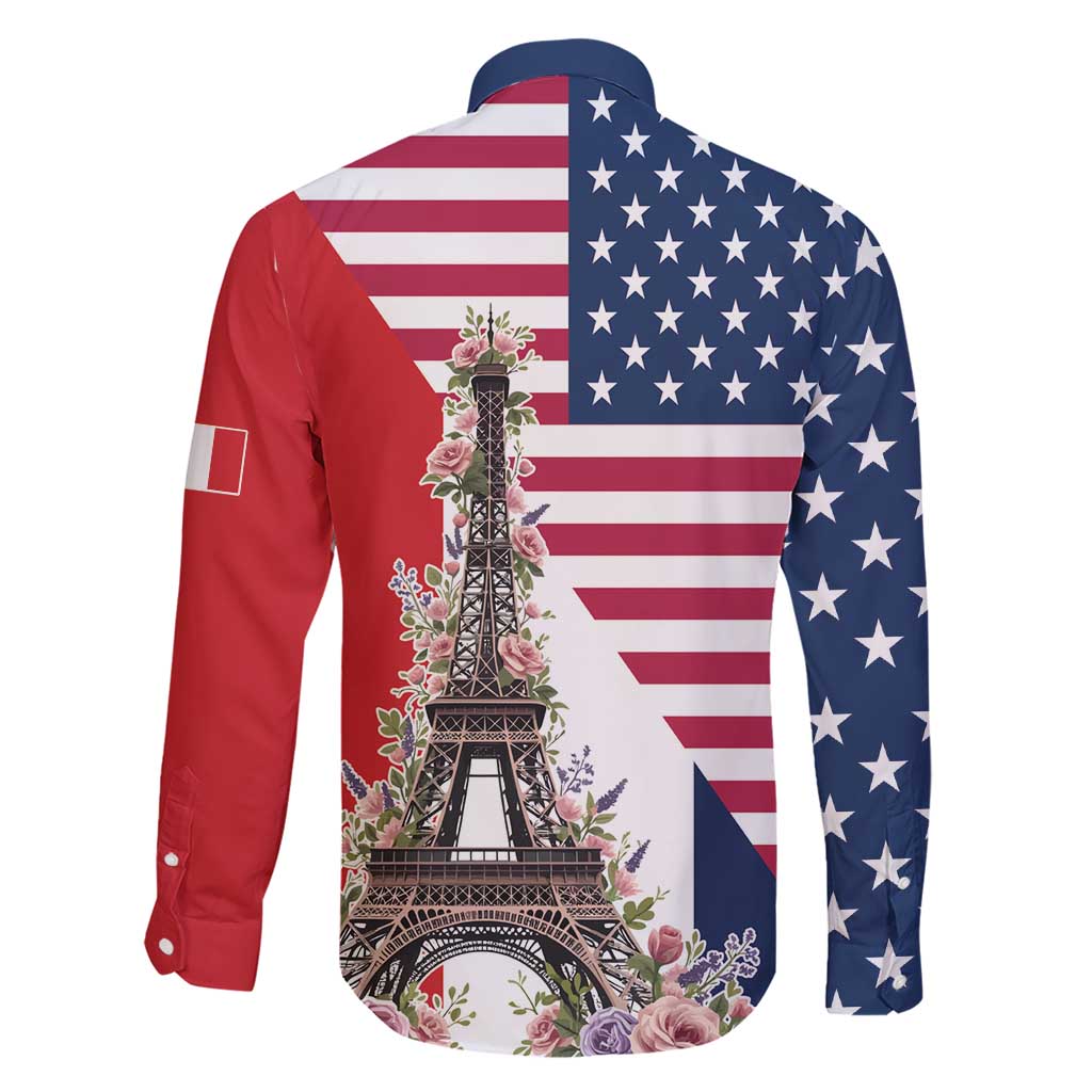 French American Heritage Month Family Matching Short Sleeve Bodycon Dress and Hawaiian Shirt Flag Style with USA Eagle and Eiffel Tower