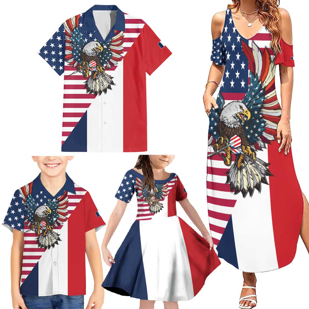French American Heritage Month Family Matching Summer Maxi Dress and Hawaiian Shirt Flag Style with USA Eagle and Eiffel Tower