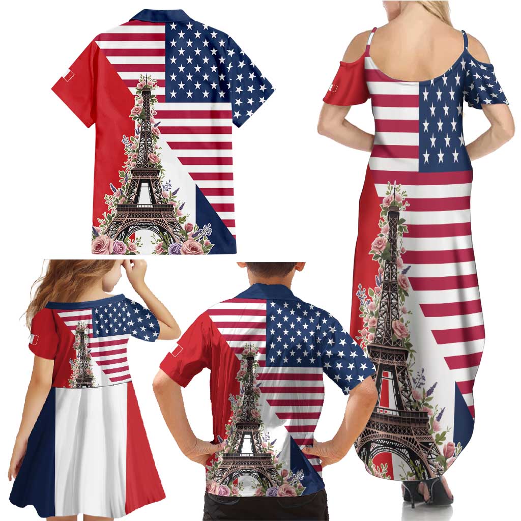 French American Heritage Month Family Matching Summer Maxi Dress and Hawaiian Shirt Flag Style with USA Eagle and Eiffel Tower