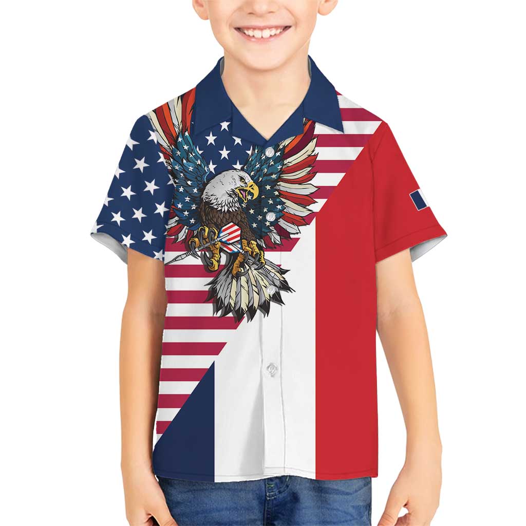 French American Heritage Month Family Matching Summer Maxi Dress and Hawaiian Shirt Flag Style with USA Eagle and Eiffel Tower