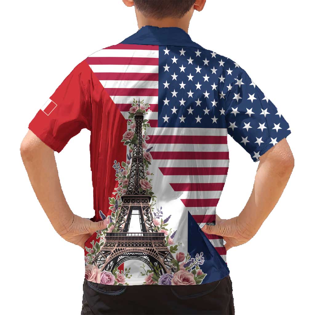 French American Heritage Month Family Matching Tank Maxi Dress and Hawaiian Shirt Flag Style with USA Eagle and Eiffel Tower