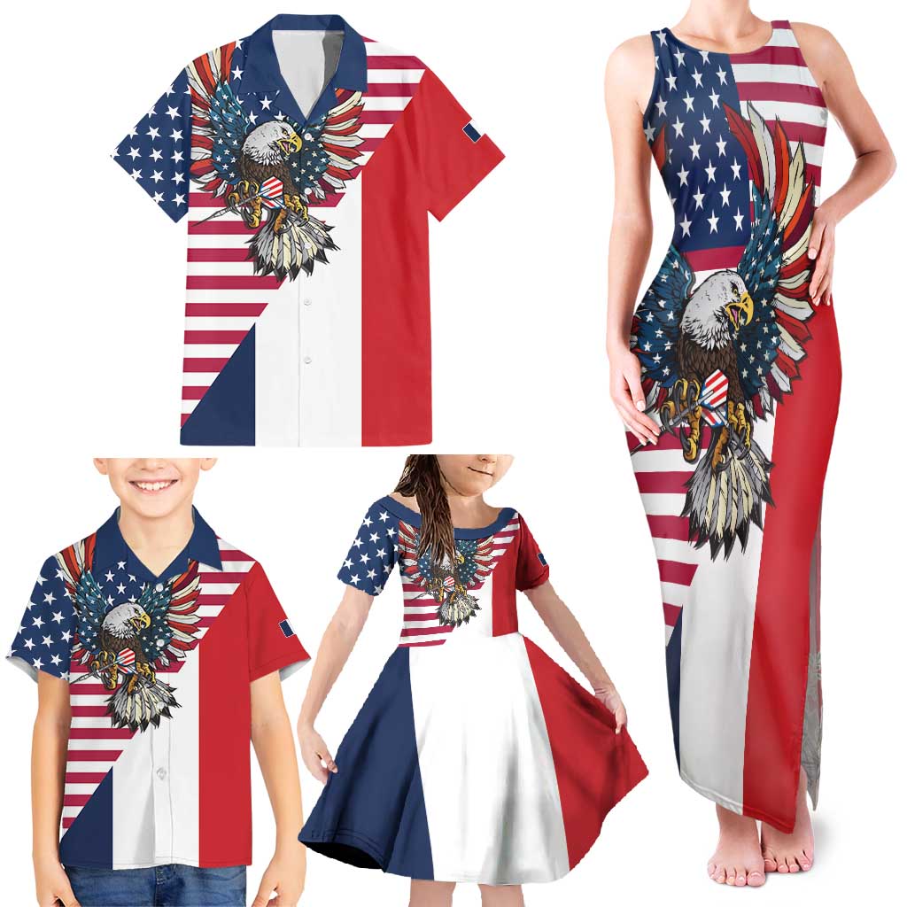 French American Heritage Month Family Matching Tank Maxi Dress and Hawaiian Shirt Flag Style with USA Eagle and Eiffel Tower
