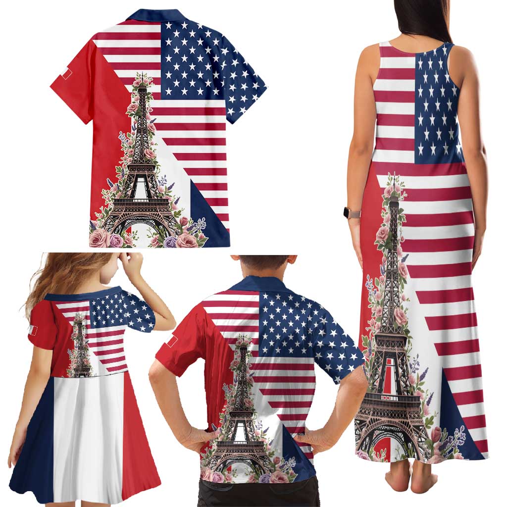 French American Heritage Month Family Matching Tank Maxi Dress and Hawaiian Shirt Flag Style with USA Eagle and Eiffel Tower