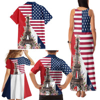 French American Heritage Month Family Matching Tank Maxi Dress and Hawaiian Shirt Flag Style with USA Eagle and Eiffel Tower