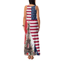French American Heritage Month Family Matching Tank Maxi Dress and Hawaiian Shirt Flag Style with USA Eagle and Eiffel Tower