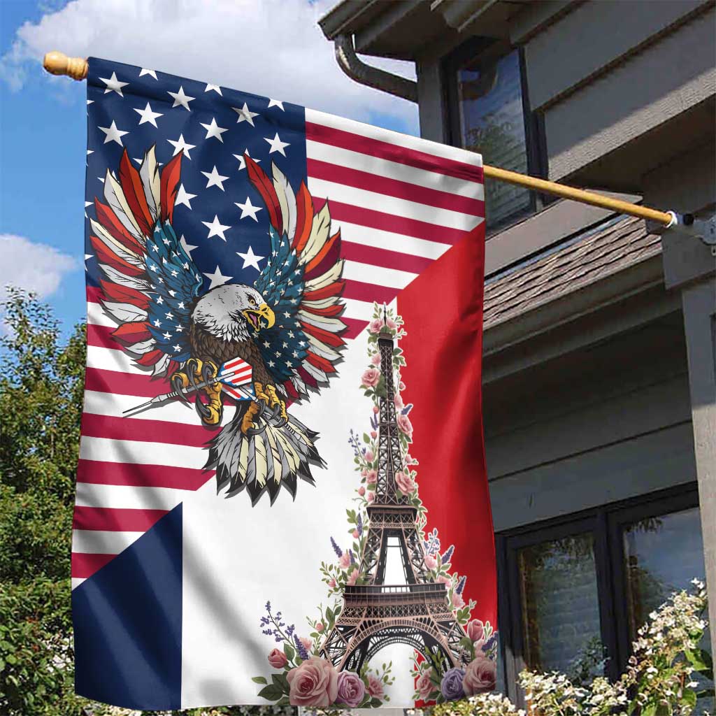 French American Heritage Month Garden Flag Flag Style with USA Eagle and Eiffel Tower
