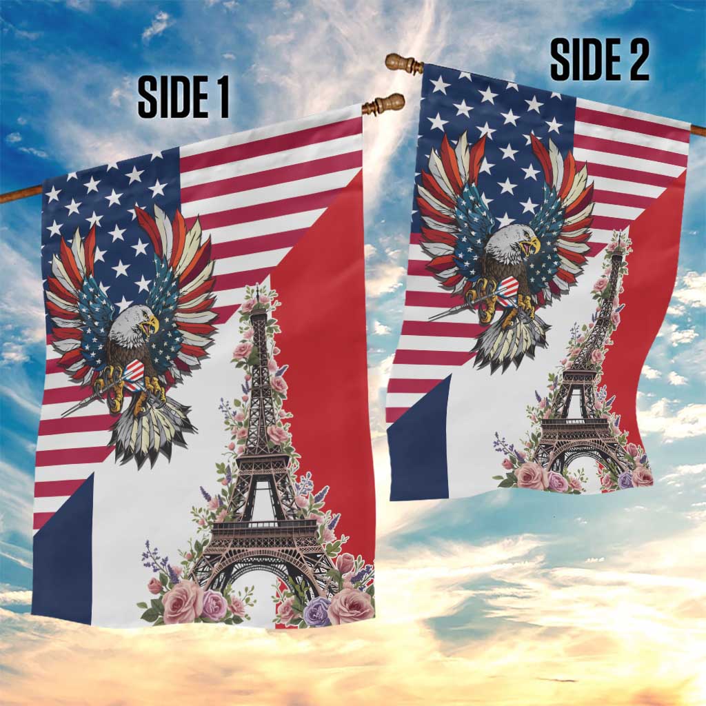 French American Heritage Month Garden Flag Flag Style with USA Eagle and Eiffel Tower
