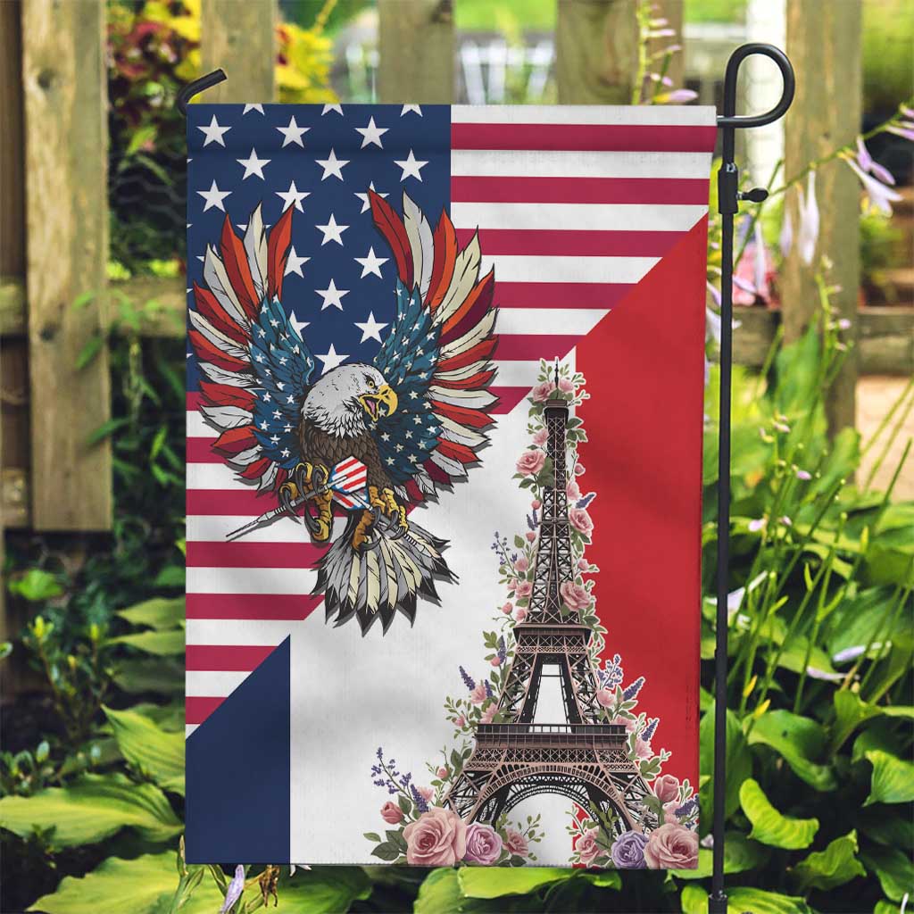 French American Heritage Month Garden Flag Flag Style with USA Eagle and Eiffel Tower