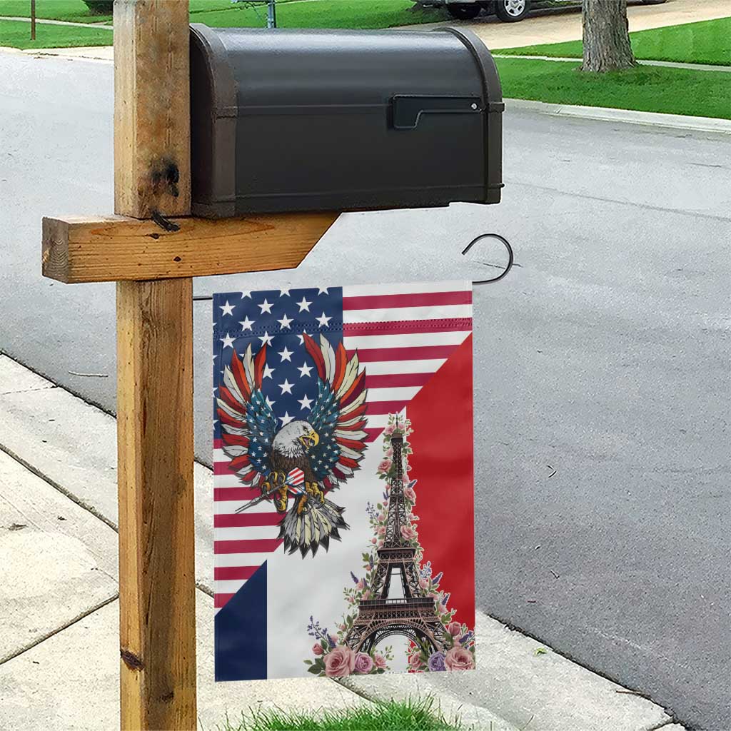 French American Heritage Month Garden Flag Flag Style with USA Eagle and Eiffel Tower