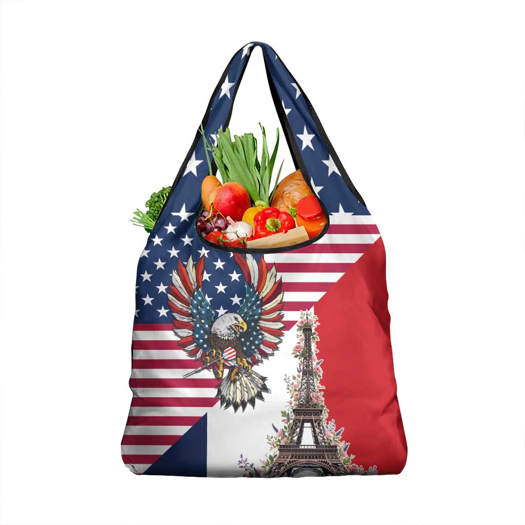 French American Heritage Month Grocery Bag Flag Style with USA Eagle and Eiffel Tower