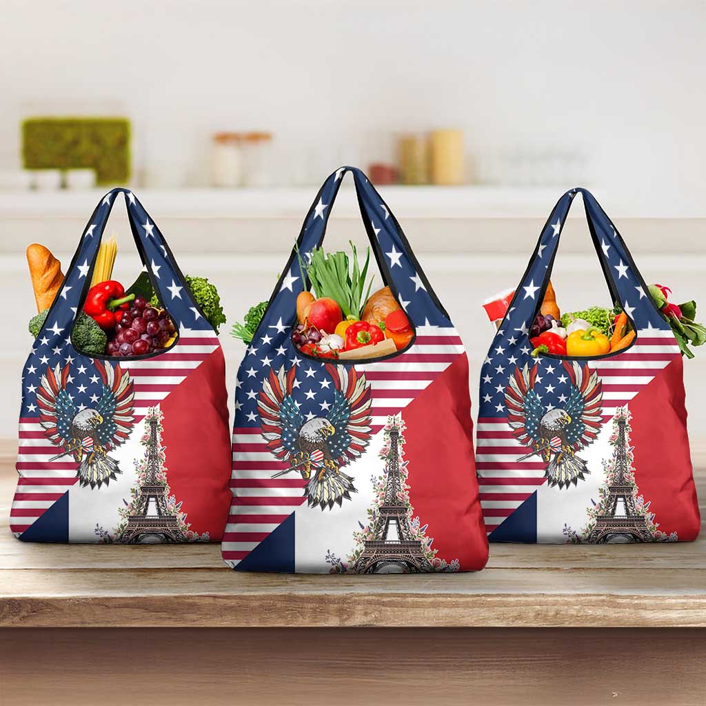 French American Heritage Month Grocery Bag Flag Style with USA Eagle and Eiffel Tower