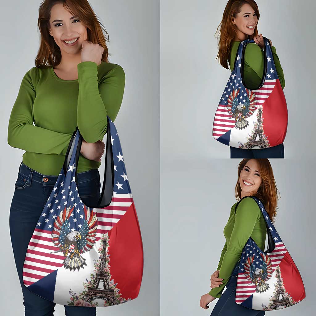 French American Heritage Month Grocery Bag Flag Style with USA Eagle and Eiffel Tower