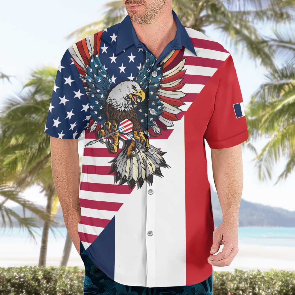 French American Heritage Month Hawaiian Shirt Flag Style with USA Eagle and Eiffel Tower