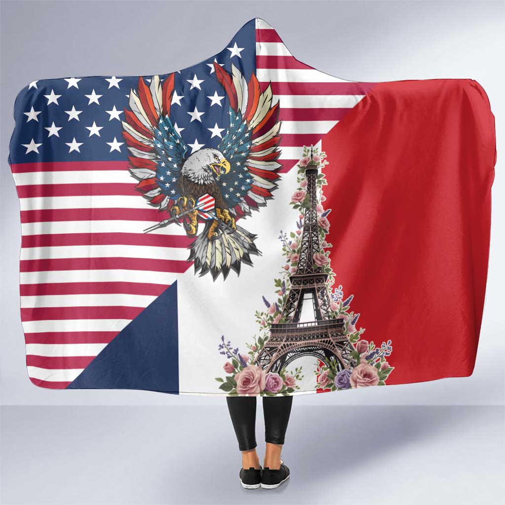 French American Heritage Month Hooded Blanket Flag Style with USA Eagle and Eiffel Tower
