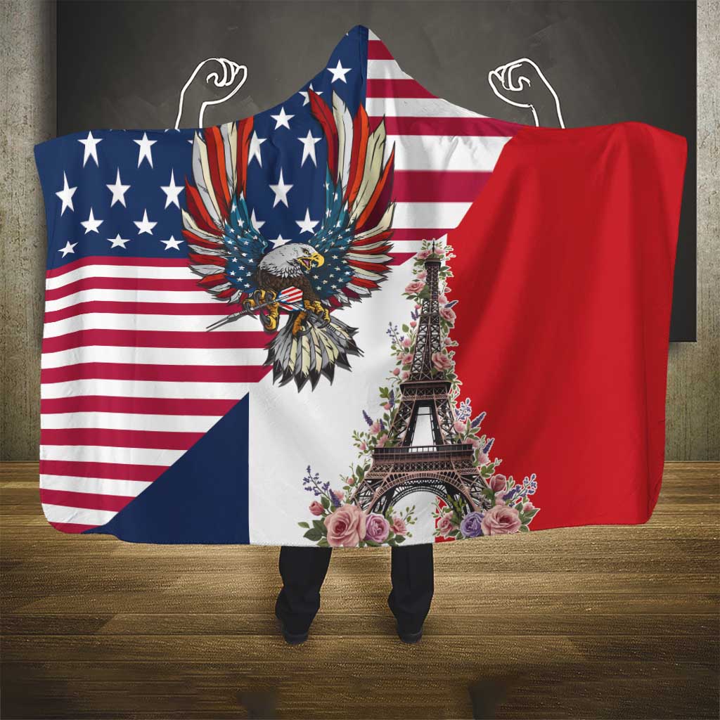 French American Heritage Month Hooded Blanket Flag Style with USA Eagle and Eiffel Tower