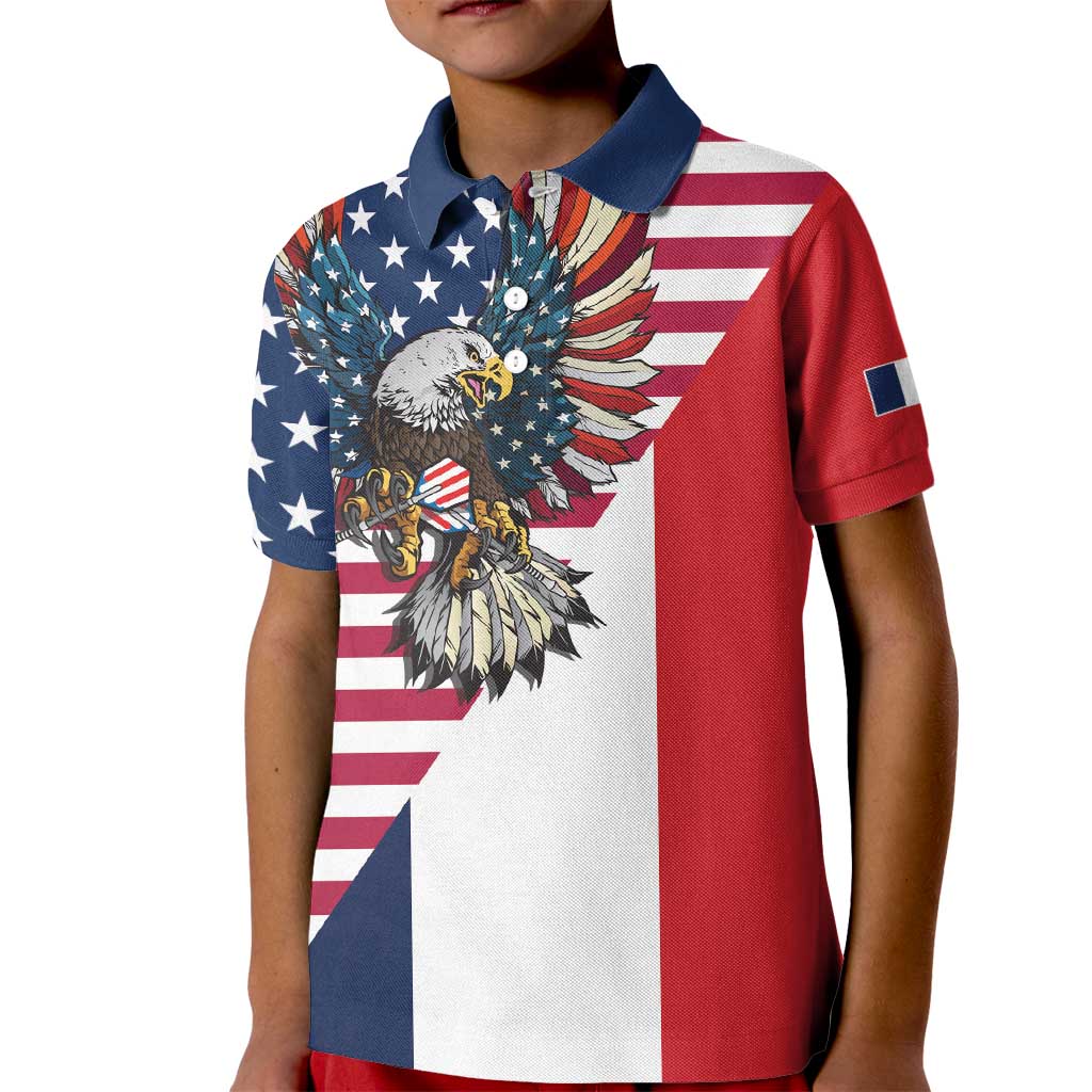 French American Heritage Month Kid Polo Shirt Flag Style with USA Eagle and Eiffel Tower
