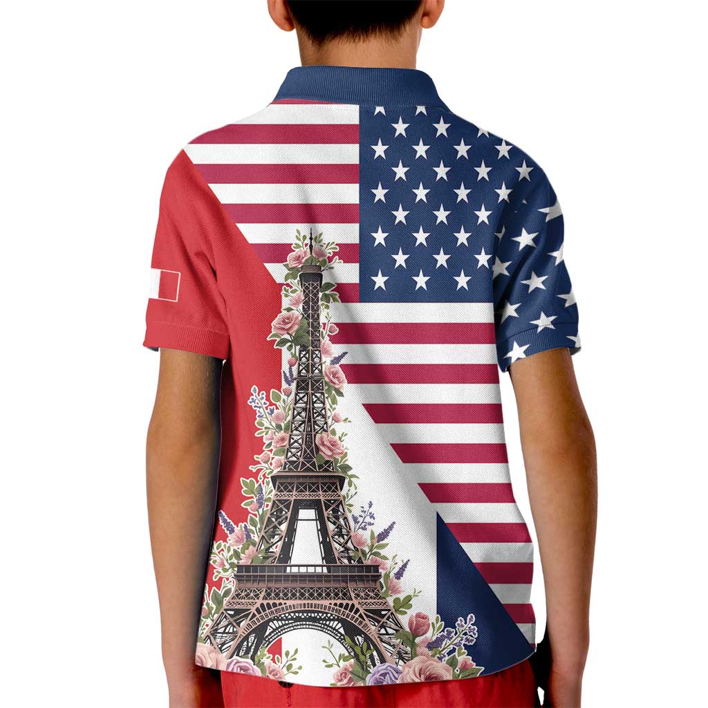 French American Heritage Month Kid Polo Shirt Flag Style with USA Eagle and Eiffel Tower