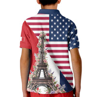 French American Heritage Month Kid Polo Shirt Flag Style with USA Eagle and Eiffel Tower