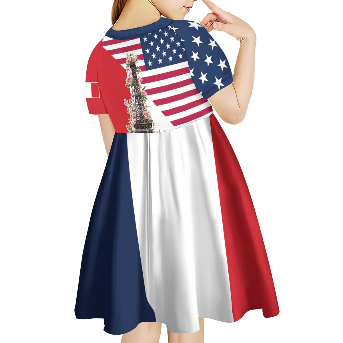 French American Heritage Month Kid Short Sleeve Dress Flag Style with USA Eagle and Eiffel Tower