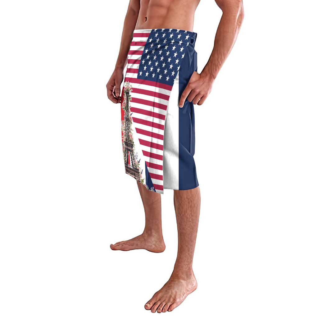 French American Heritage Month Lavalava Flag Style with USA Eagle and Eiffel Tower
