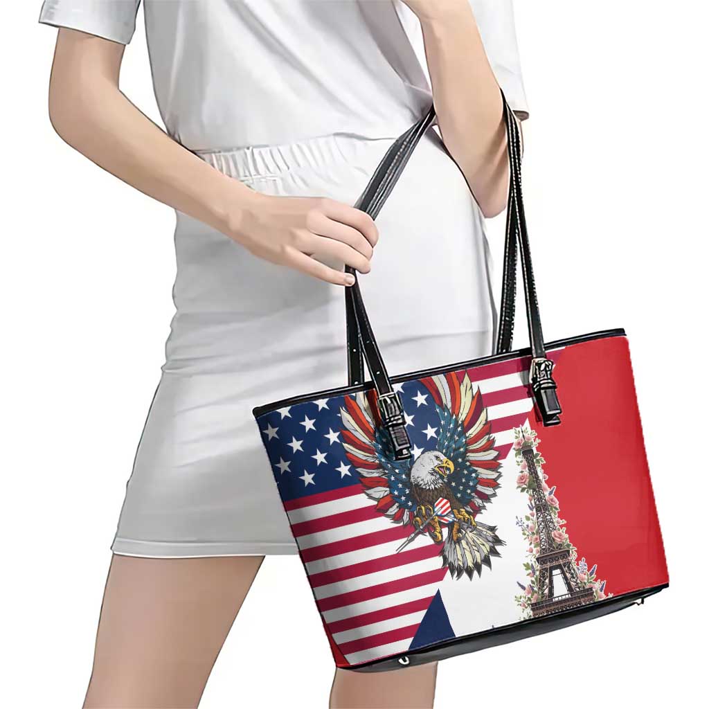French American Heritage Month Leather Tote Bag Flag Style with USA Eagle and Eiffel Tower
