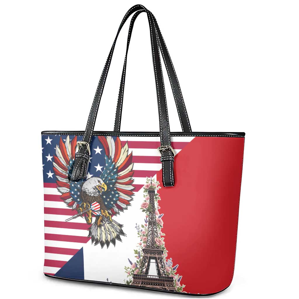 French American Heritage Month Leather Tote Bag Flag Style with USA Eagle and Eiffel Tower
