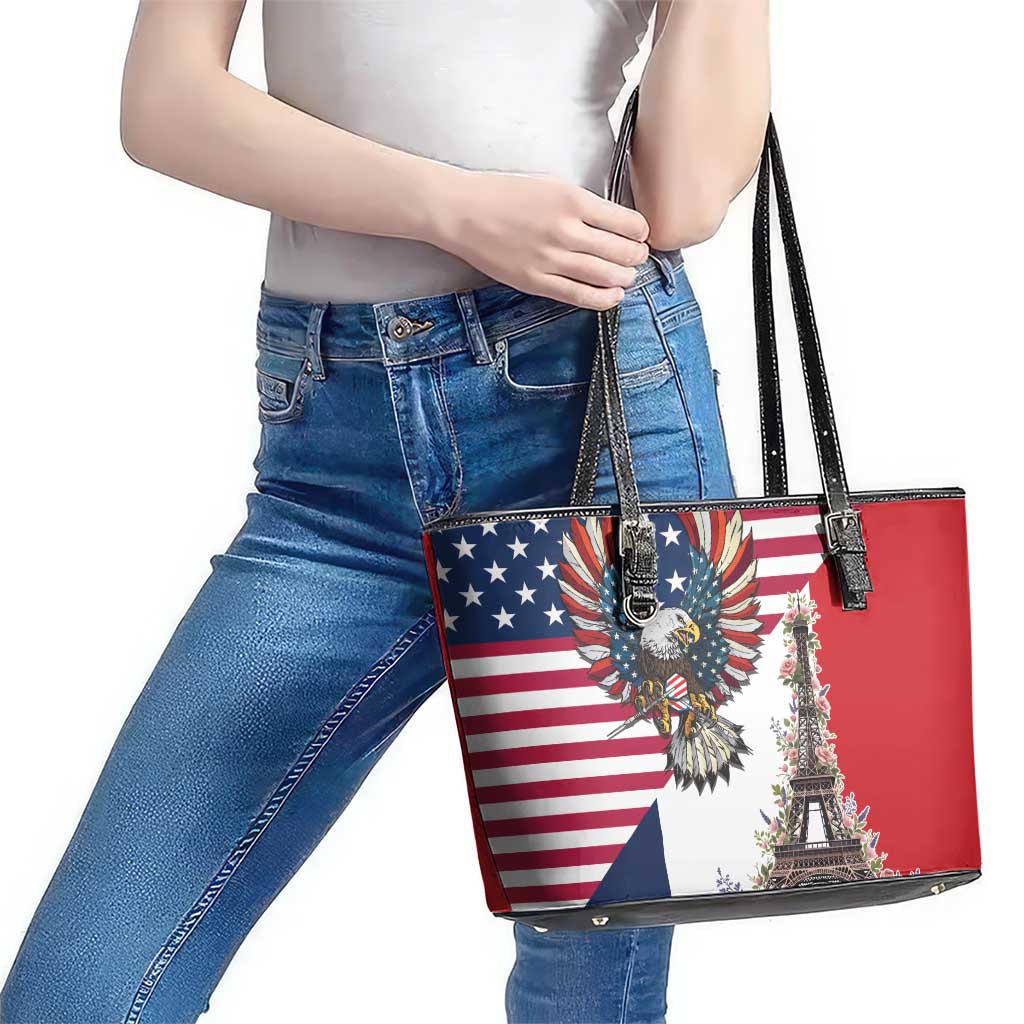 French American Heritage Month Leather Tote Bag Flag Style with USA Eagle and Eiffel Tower