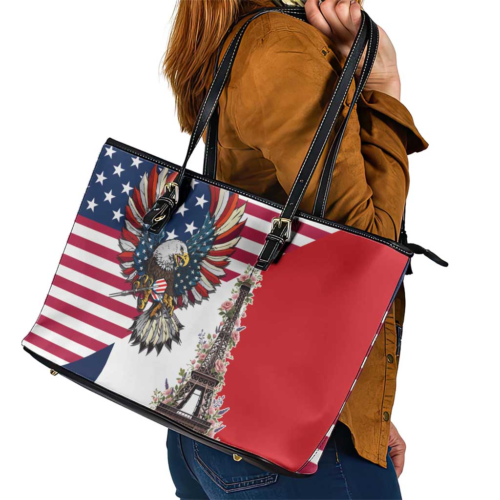French American Heritage Month Leather Tote Bag Flag Style with USA Eagle and Eiffel Tower