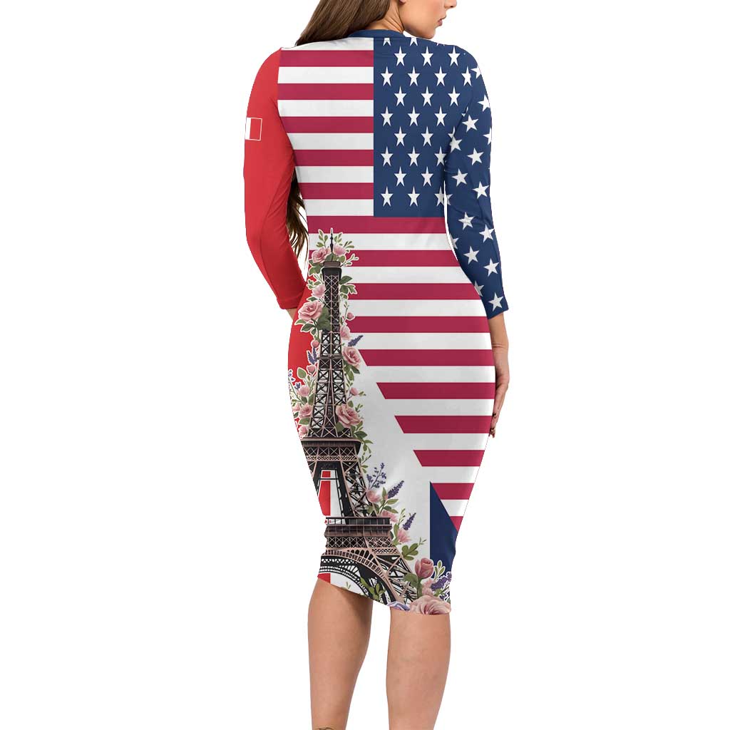 French American Heritage Month Long Sleeve Bodycon Dress Flag Style with USA Eagle and Eiffel Tower