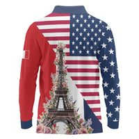 French American Heritage Month Long Sleeve Polo Shirt Flag Style with USA Eagle and Eiffel Tower