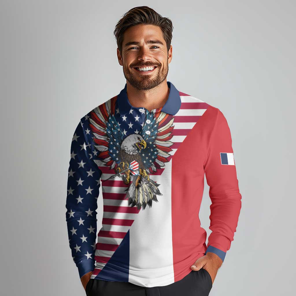 French American Heritage Month Long Sleeve Polo Shirt Flag Style with USA Eagle and Eiffel Tower