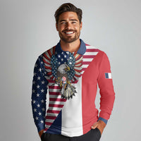French American Heritage Month Long Sleeve Polo Shirt Flag Style with USA Eagle and Eiffel Tower