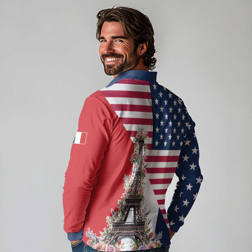 French American Heritage Month Long Sleeve Polo Shirt Flag Style with USA Eagle and Eiffel Tower