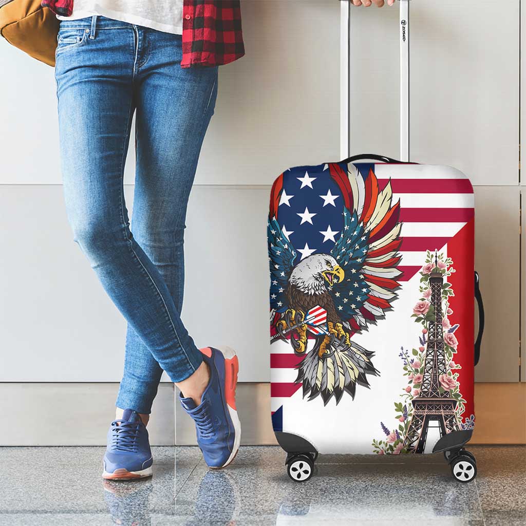 French American Heritage Month Luggage Cover Flag Style with USA Eagle and Eiffel Tower