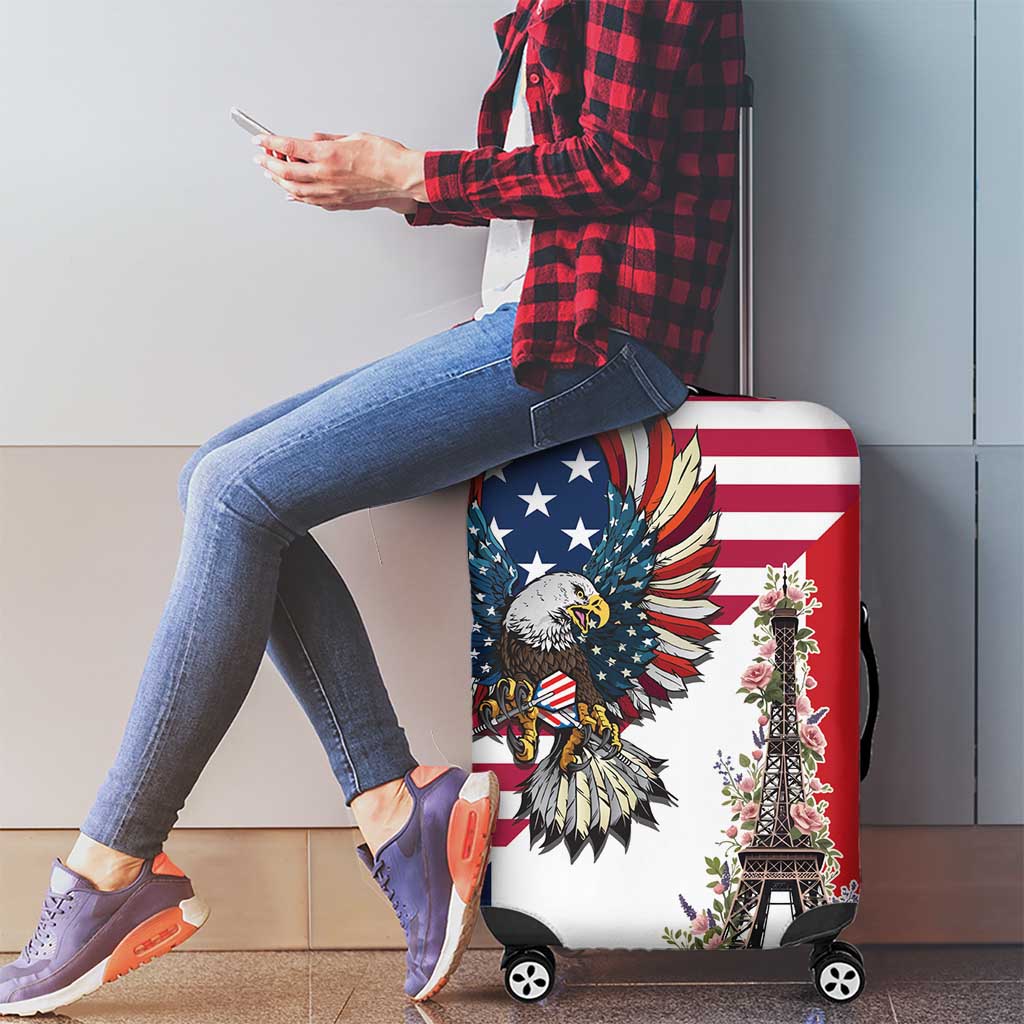 French American Heritage Month Luggage Cover Flag Style with USA Eagle and Eiffel Tower
