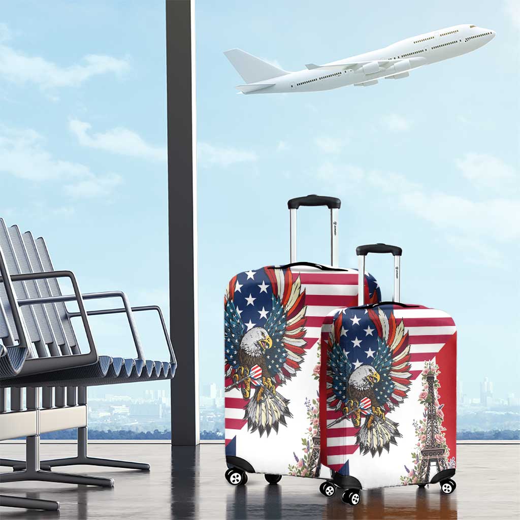 French American Heritage Month Luggage Cover Flag Style with USA Eagle and Eiffel Tower