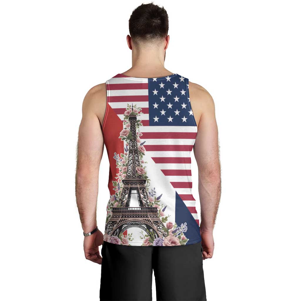 French American Heritage Month Men Tank Top Flag Style with USA Eagle and Eiffel Tower