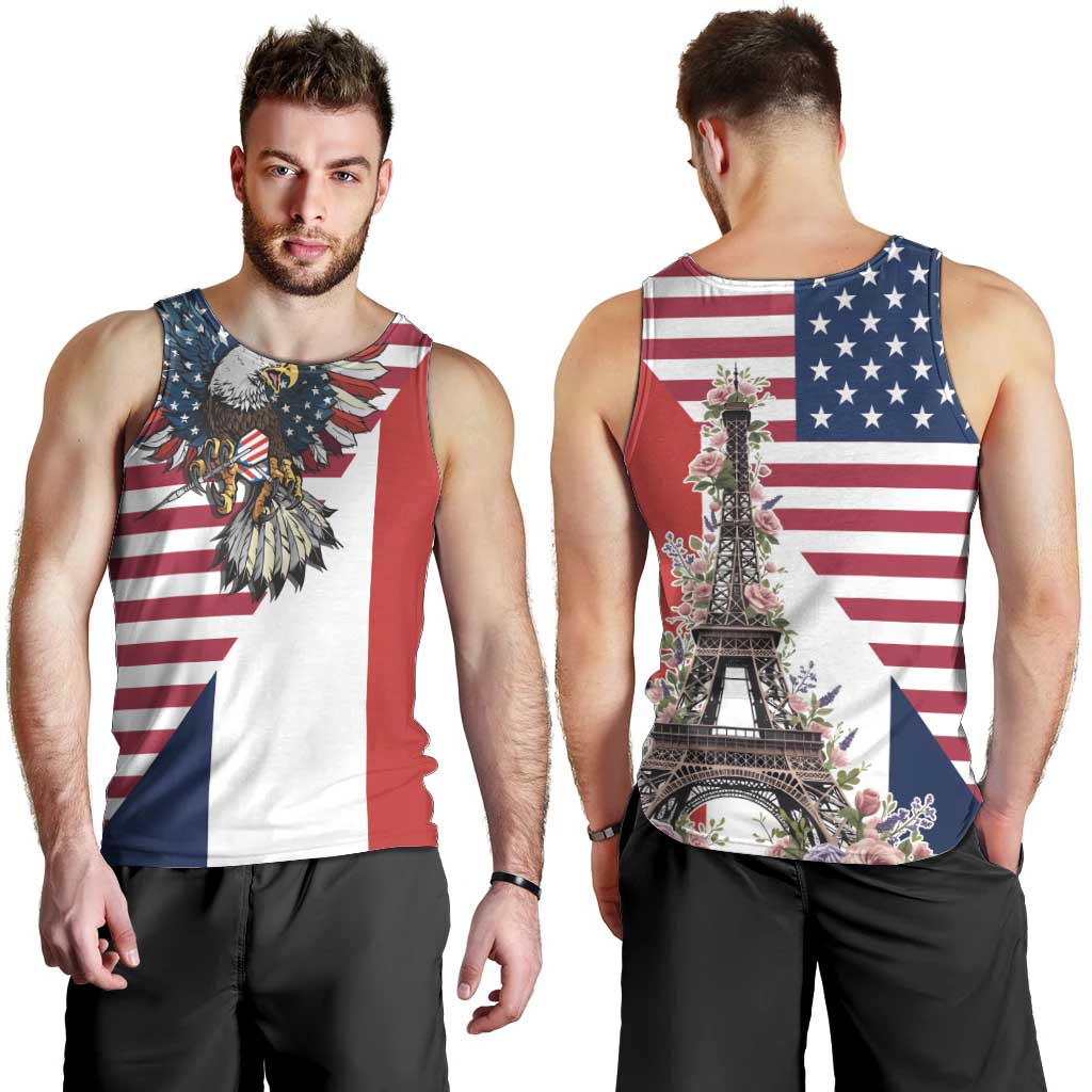 French American Heritage Month Men Tank Top Flag Style with USA Eagle and Eiffel Tower