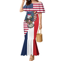 French American Heritage Month Mermaid Dress Flag Style with USA Eagle and Eiffel Tower
