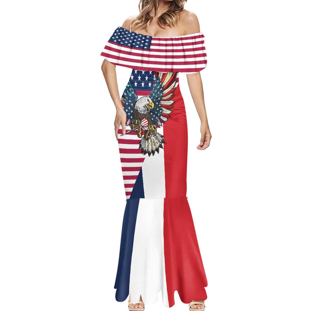 French American Heritage Month Mermaid Dress Flag Style with USA Eagle and Eiffel Tower