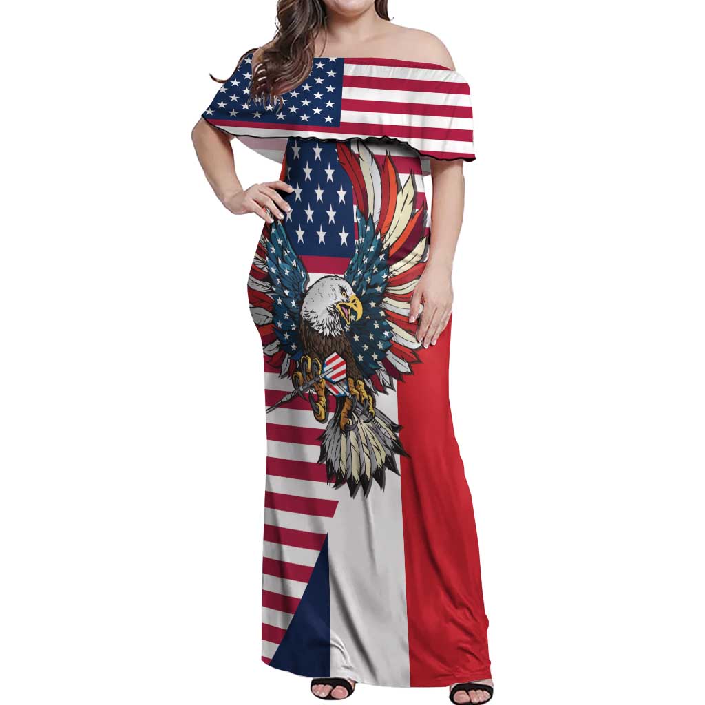 French American Heritage Month Off Shoulder Maxi Dress Flag Style with USA Eagle and Eiffel Tower