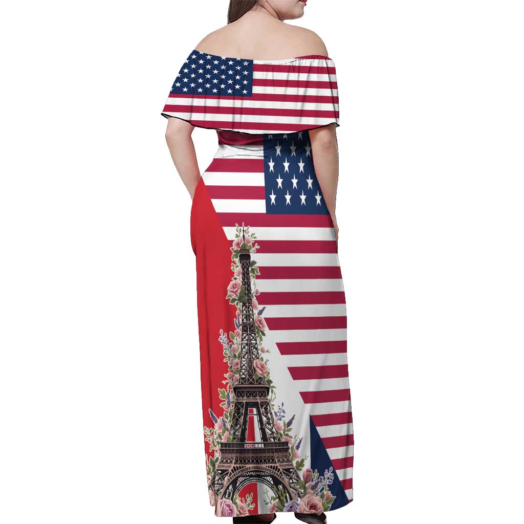 French American Heritage Month Off Shoulder Maxi Dress Flag Style with USA Eagle and Eiffel Tower