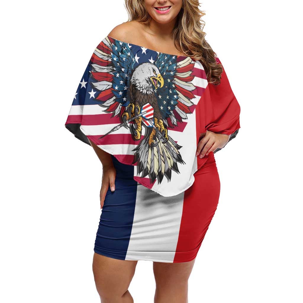 French American Heritage Month Off Shoulder Short Dress Flag Style with USA Eagle and Eiffel Tower