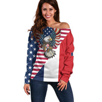 French American Heritage Month Off Shoulder Sweater Flag Style with USA Eagle and Eiffel Tower