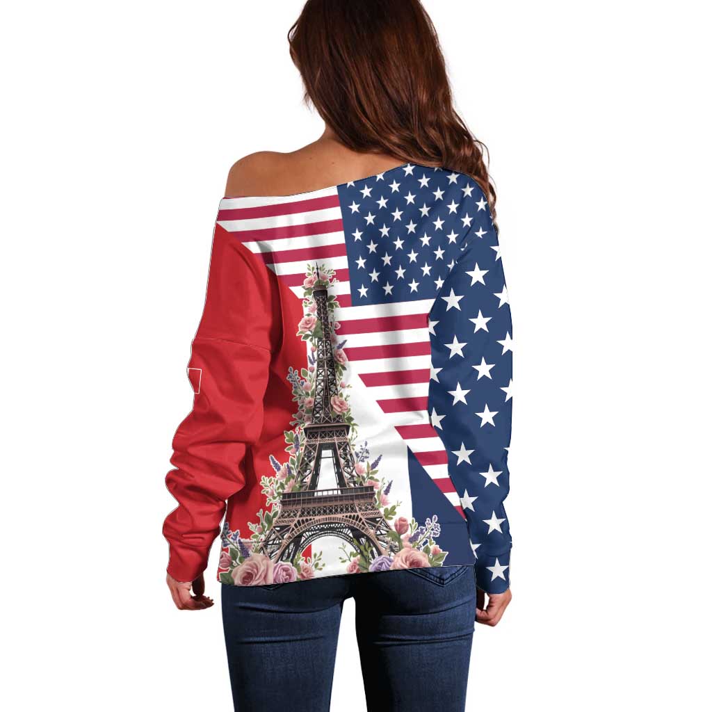 French American Heritage Month Off Shoulder Sweater Flag Style with USA Eagle and Eiffel Tower