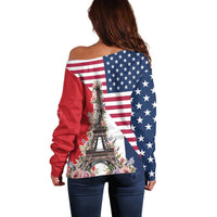 French American Heritage Month Off Shoulder Sweater Flag Style with USA Eagle and Eiffel Tower
