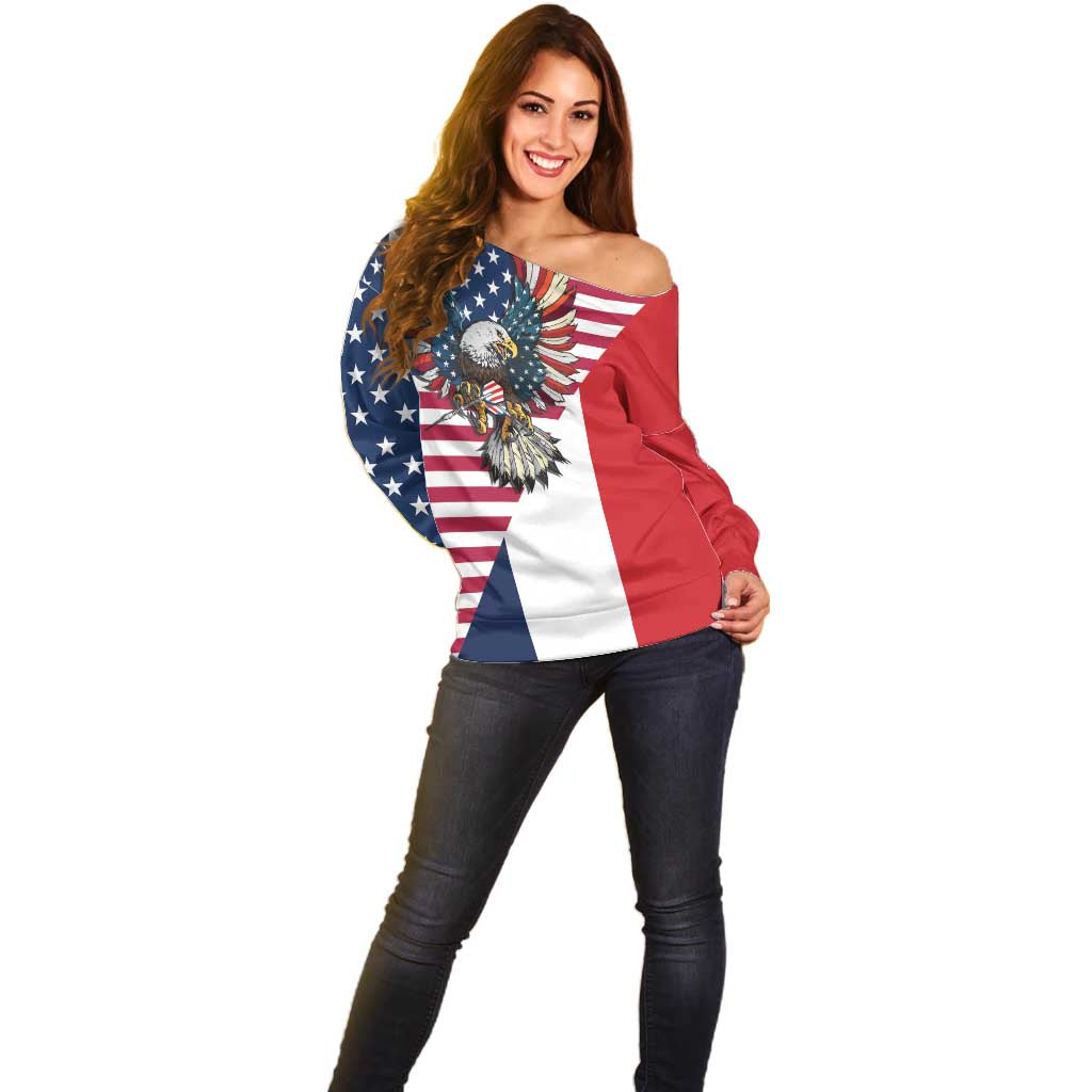 French American Heritage Month Off Shoulder Sweater Flag Style with USA Eagle and Eiffel Tower