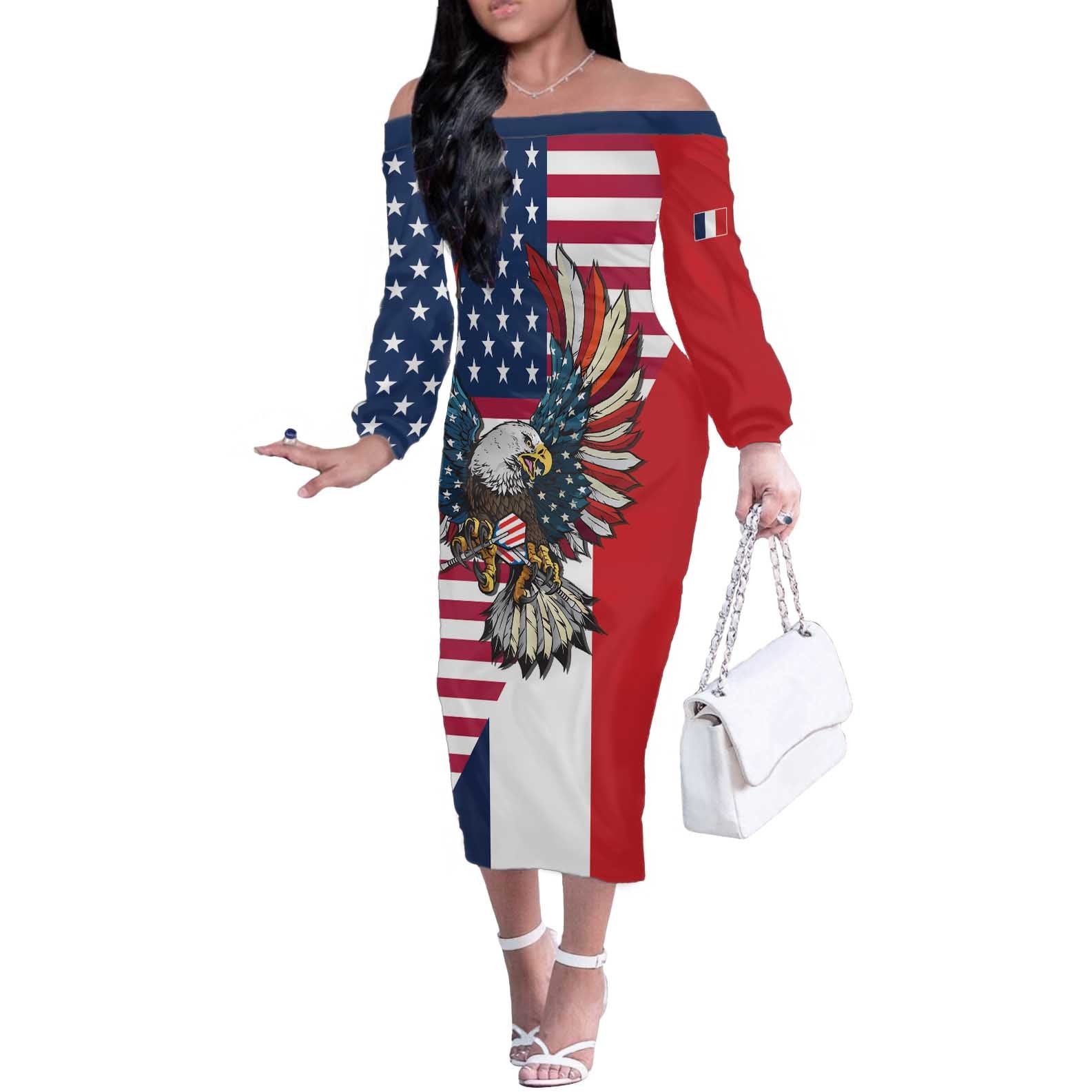 French American Heritage Month Off The Shoulder Long Sleeve Dress Flag Style with USA Eagle and Eiffel Tower